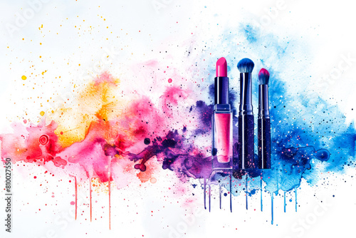 Cosmetics makeup: lipstick and brushes on a white background with vibrant blue and pink watercolor splashes. Copy space. Makeup artist and decorative cosmetics concept. photo