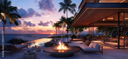 A luxury outdoor patio with an elegant fire pit, comfortable seating areas, and a view of the ocean at sunset in Hawaii. The photo captures a highend beach house with modern architecture and a pool 