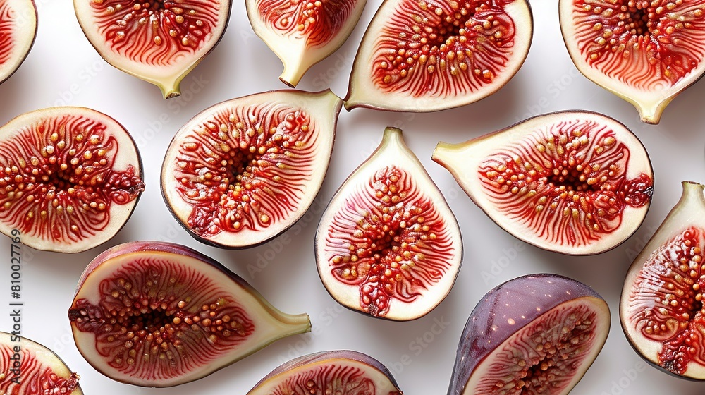   A collection of sliced fruits arranged on a white background, demonstrating the interior of one piece