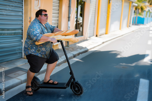 large white man, riding electric scooter, wearing oakley sunglasses and a paisley shirt photo