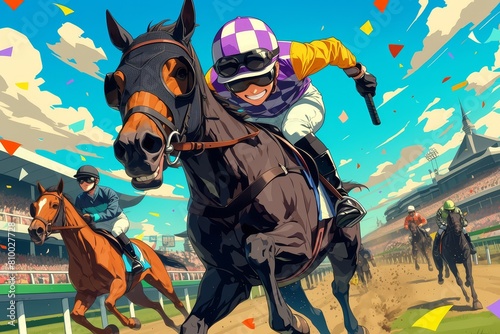 A comic book illustration of an equestrian horse race, with the jockey wearing a helmet and mask on his face in an action pose, © Photo And Art Panda