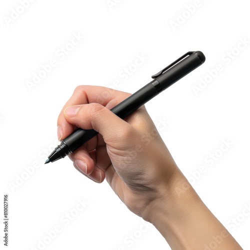 Hand holding a black fountain pen isolated on transparent background