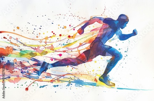 watercolor  simple colorful drawing of an athlete running with motion lines on white background Generative AI
