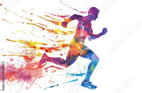 watercolor colorful running athlete, simple line art in the style of vibrant colors, on white background Generative AI