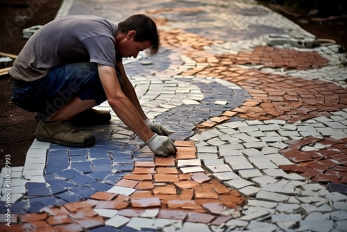 Tiler man road. Stone builder. Generate Ai