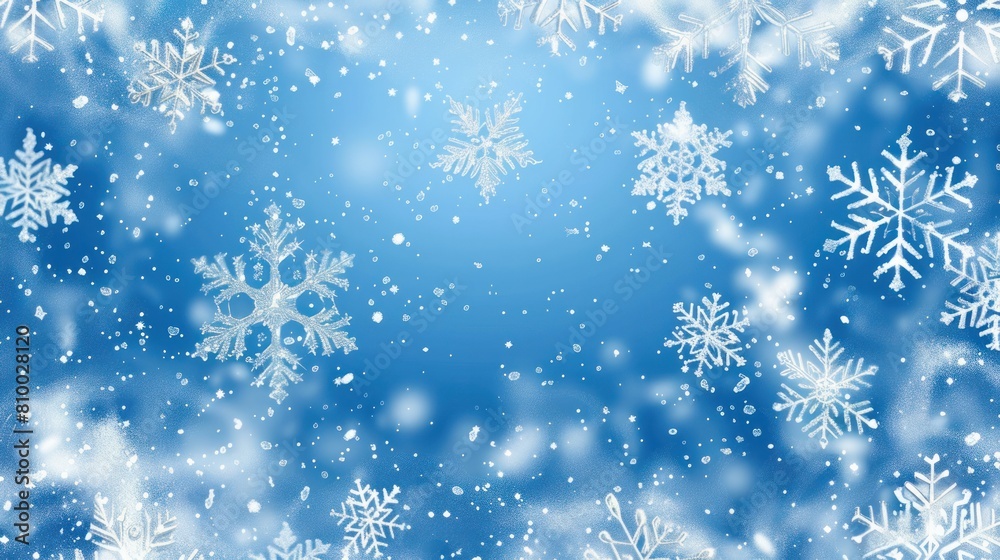 Frame of snowflakes on a blue background. Frosty pattern on window, vector stock illustration. Snow with copy space for text and gratulations.