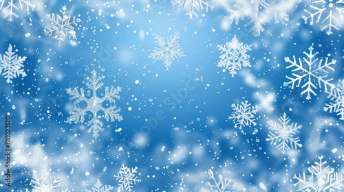 Frame of snowflakes on a blue background. Frosty pattern on window, vector stock illustration. Snow with copy space for text and gratulations. photo