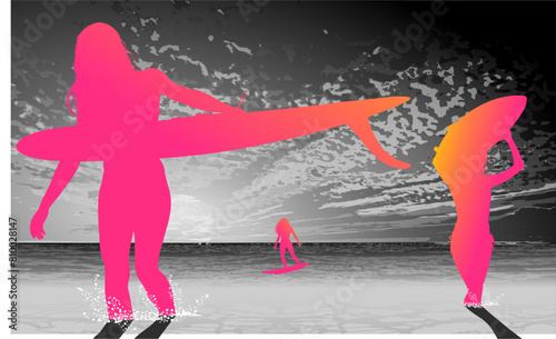 surfistas, contraluz, vector, tabla, surf, mar, atardecer, mujer surfista, silueta, tablista, ilustracion, arte surf, rosa, surfista en la playa, chica surf, mujer
