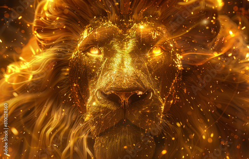 Zodiac sign Leo with a stylized lion head in yellow and golden lights on a starry background.	
