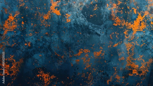 Grunge abstract background. Damaged screen. Orange glitch noise on blue scratched texture with dust.