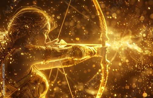 Zodiac sign Sagittarius with a stylized image of a horseman with a bow or a Centaur in golden lights on a starry background.	
