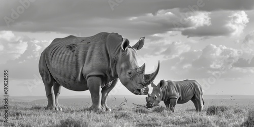 A touching image of a rhino and its baby  suitable for wildlife and conservation themes
