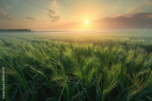 Peaceful sunset over lush green grass field. Ideal for nature and landscape backgrounds