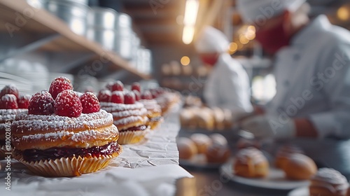   A bakery brimming with sweet treats, dusted with powdered sugar, and adorned with ripe raspberries photo
