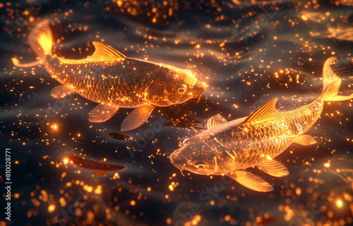Zodiac sign Pisces. Two fish in golden and yellow lights on a starry background.	
 photo
