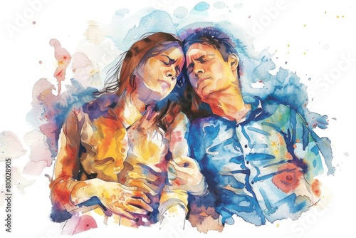 A painting of a man and woman sitting side by side. Suitable for various projects