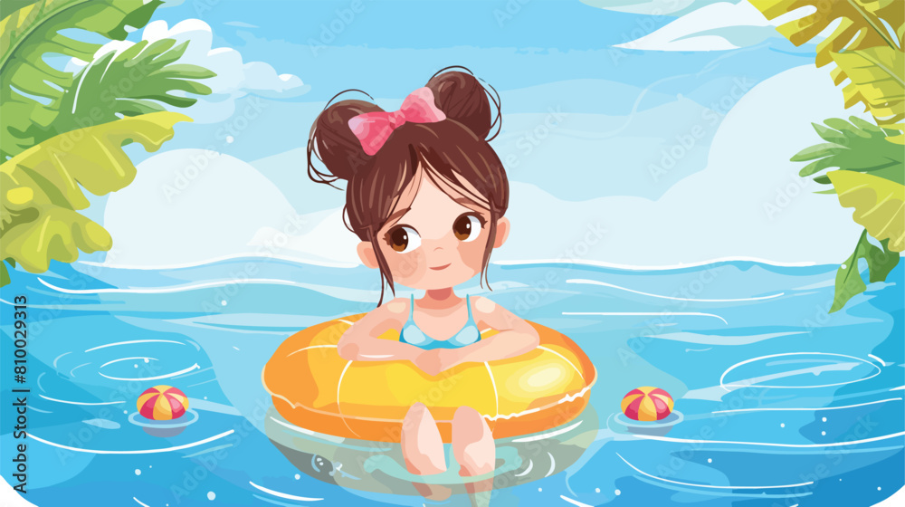 Little girl in swimsuits at outdoor swimming pool vector