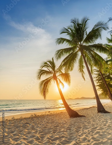Tropical beach with palm trees during sunset  © Marko