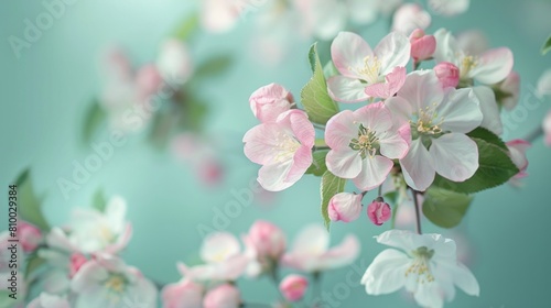 A light blue background with pink and white apple blossoms on the right side, creating an elegant spring backdrop for product display or promotional content. © SH Design