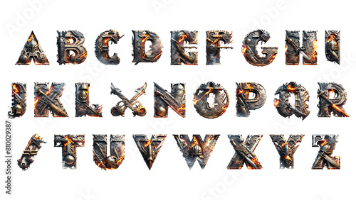 Epic Metalic, Fire and Weapons 3D alphabet, isolated in transparent Background
