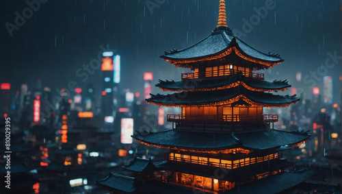 Futuristic temple, Abstract Japanese art in a rainy, cyberpunk cityscape.