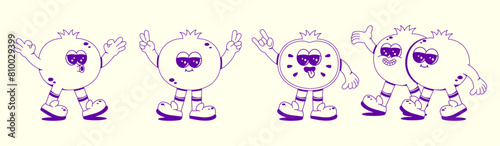 Groovy blueberry set. Funny vintage character in trendy retro linear style. Doodle Comic collection.