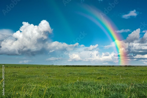 Green meadow with rainbow and blue sky with clouds   Spring landscape