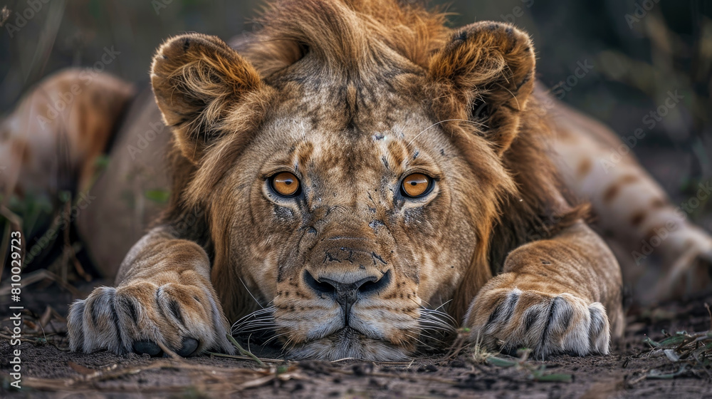 Naklejka premium A lion is laying down in the dirt with its head up