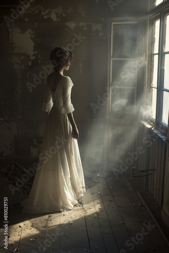 Woman in White Dress Standing at Window