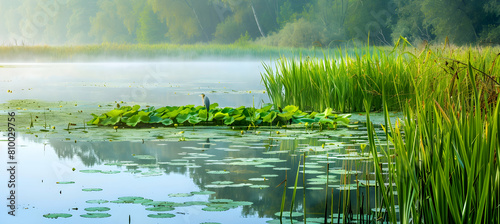 A panoramic view of a lush wetland  teeming with water lilies and reeds  with a heron poised in the water in the early morning light