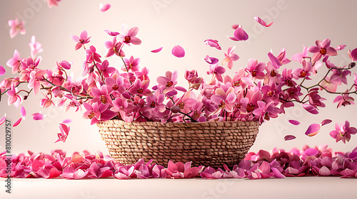 Beautiful orchid flower petals fall from above in a basket with flowers on a white background (ID: 810029757)