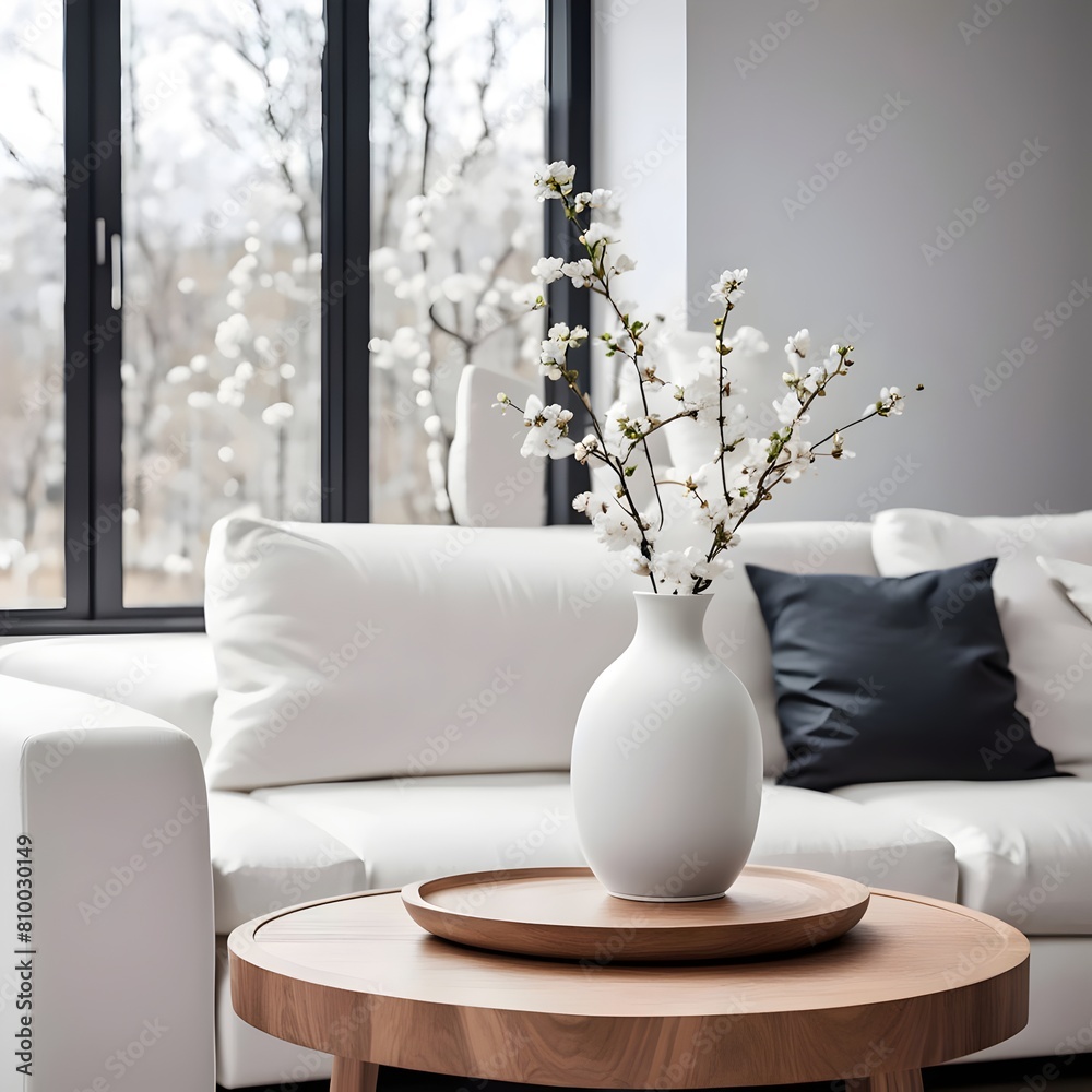 vase-with-blossom-twig-on-wooden-coffee-table-near-white-sofa-with-pillows-against-window-minimalis vase-with-blossom-twig-on-wooden-coffee-table-near-white-sofa-with-pillows-against-window-minimalis