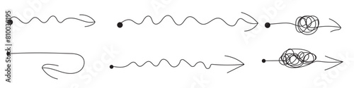 
Complex and easy simple way from start to end, path from point A to B with black thread. Chaos mind brain, problem solving and business solution searching challenge concept. Hand drawn vector doodle 