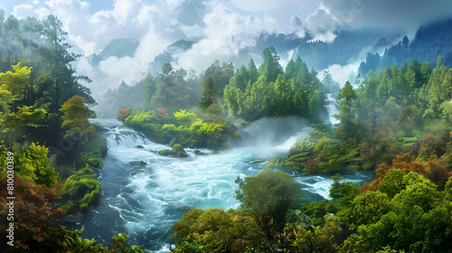 A panoramic view of a riparian zone during the rainy season, with swollen riverbanks, rushing waters, and vibrant, saturated colors of the forest