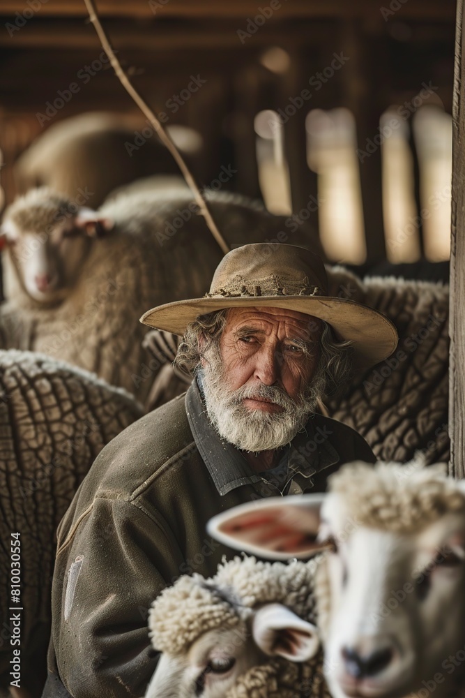 Man Standing in Front of Herd of Sheep Man Standing in Front of Herd of Sheep
