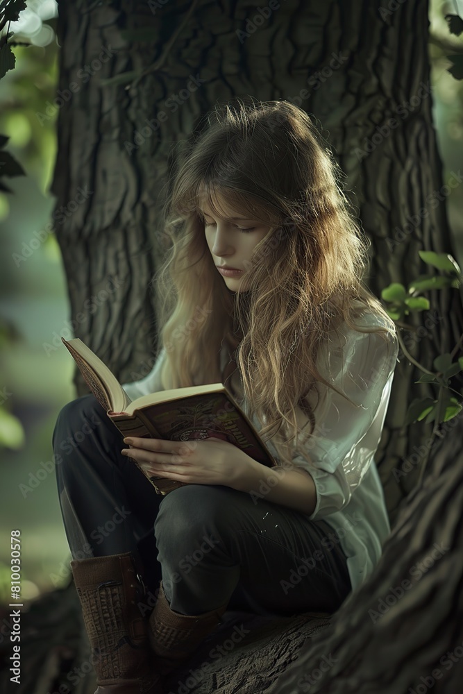 Obraz premium Woman Reading Book Under Tree