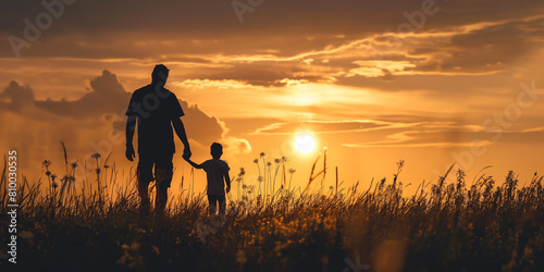 A silhouette of a father holding his child's hand walking at sunset, happy fathers day celebration.
