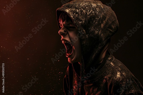 Screaming woman in a hood on a dark background, Halloween