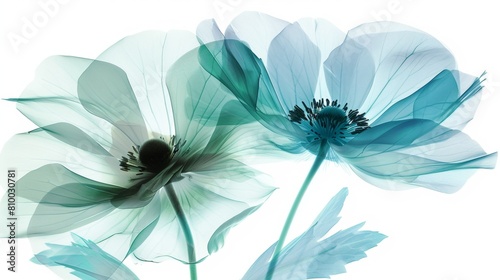 A light blue and green transparent x-ray of two flowers  delicate and translucent  with clear details. The background is white  creating an ethereal atmosphere. 