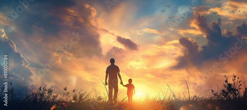 A silhouette of a father holding his child's hand walking at sunset, happy fathers day celebration.
