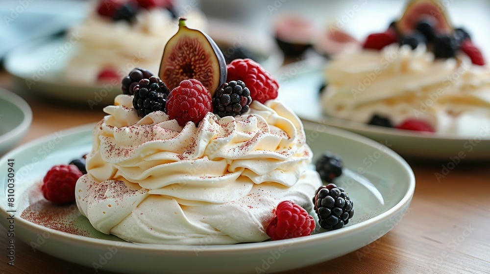 Close-up photo of a scrumptious cake on a plate with fresh berries, fluffy whipped cream, and a charming figurine adorning the top Close-up photo of a scrumptious cake on a plate with fresh berries, fluffy whipped cream, and a charming figurine adorning the top