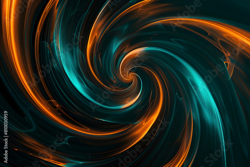 Neon swirls in teal and orange abstract pattern. Stunning art on black background.