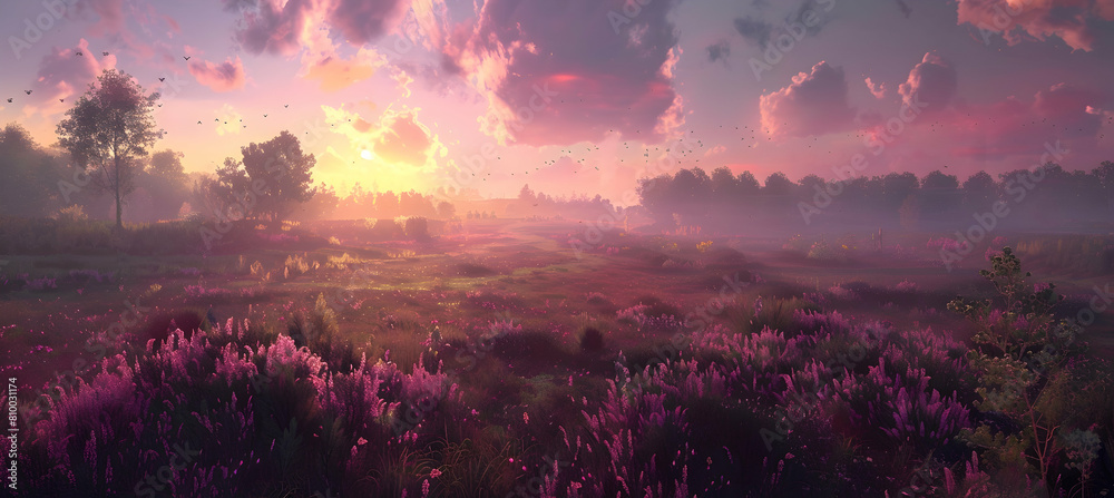A panoramic view of a bustling heathland during the golden hour, highlighting the vibrant purple and green hues A panoramic view of a bustling heathland during the golden hour, highlighting the vibrant purple and green hues