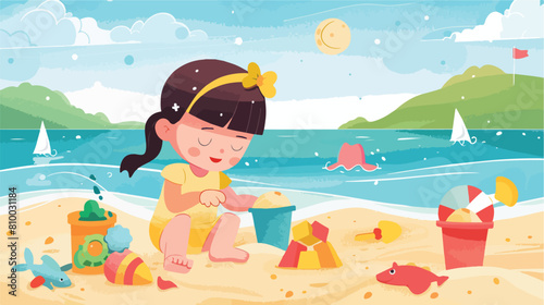 little girl play sand and water toys at the beach vector