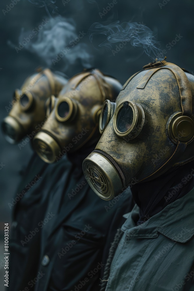 A group of people in gas masks. Selective focus. A group of people in gas masks. Selective focus.