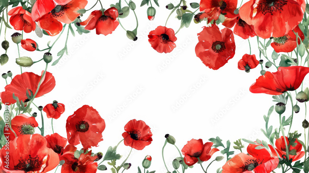 Red poppy flowers border frame on white background, watercolor painting