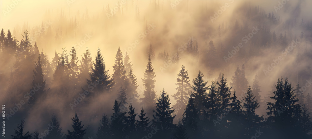 Fototapeta premium A panoramic view of a dense forest with layers of fog settling between the trees at sunrise, captured in ultra HD to showcase the depth and mystery of the woodland
