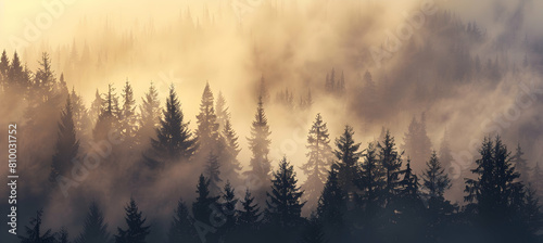 A panoramic view of a dense forest with layers of fog settling between the trees at sunrise, captured in ultra HD to showcase the depth and mystery of the woodland photo