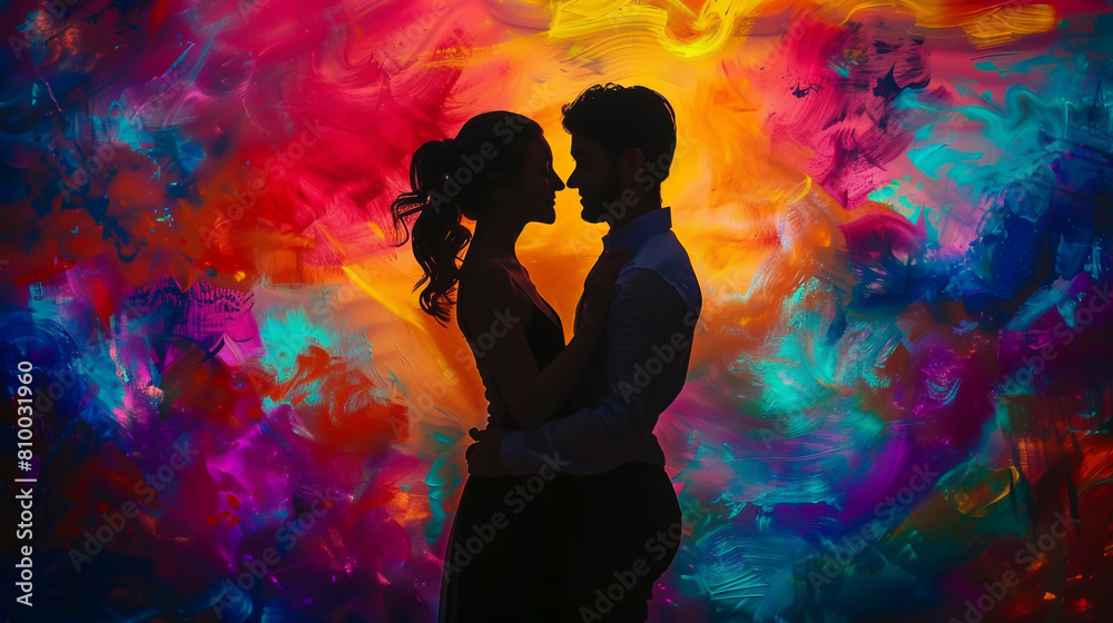 A silhouette of an embracing couple against the backdrop of a colorful, abstract painting,