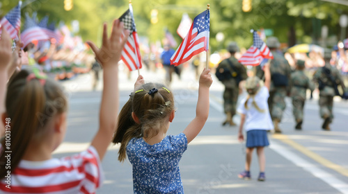 Children waving flags at a passing Memorial Day parade with veterans and active military personnel marching by.